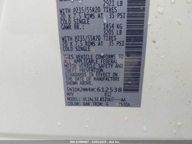 5N1DR2MN4HC612538 Nissan Pathfinder Platinum
