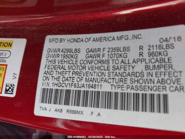 1HGCV1F63JA164811 Honda Accord Ex-l
