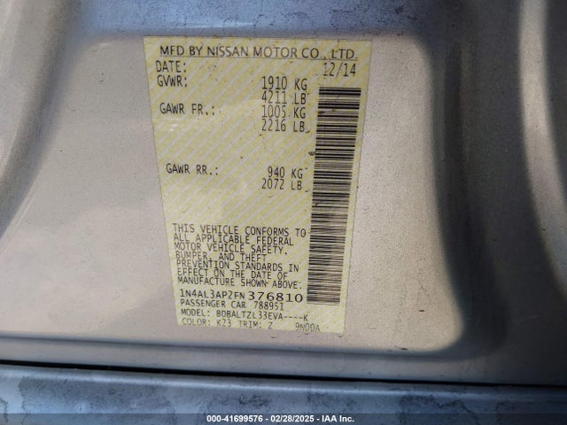 Nissan Altima 2.5 Sl 2015 1N4AL3AP2FN376810 Image 9