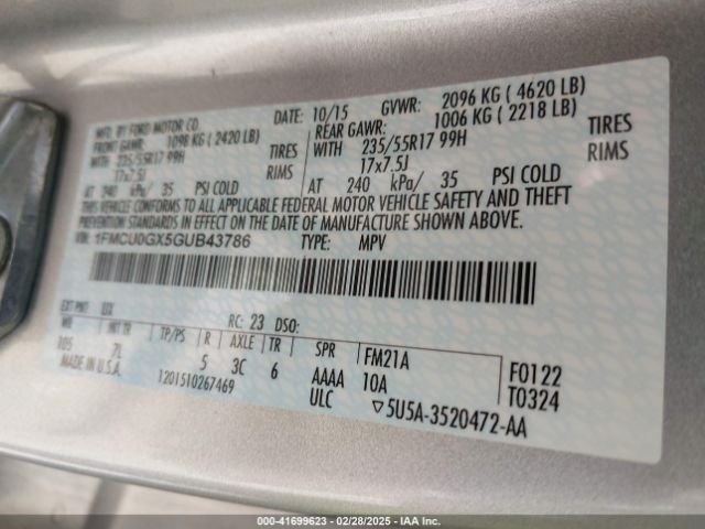 1FMCU0GX5GUB43786 Ford ESCAPE SE