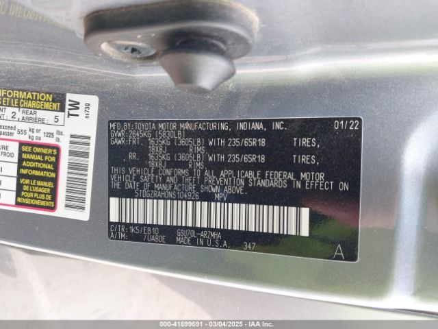 5TDGZRAH0NS104926 Toyota Highlander Xle