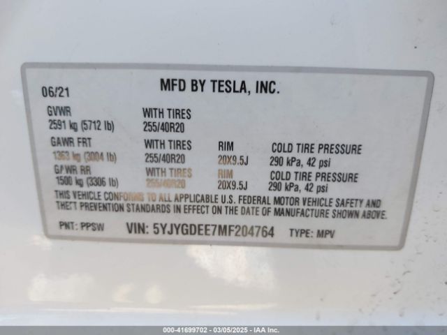 5YJYGDEE7MF204764 Tesla Model Y Long Range Dual Motor All-wheel Drive