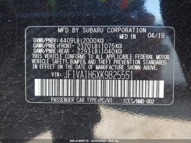 JF1VA1H6XK9825551 Subaru Wrx Limited
