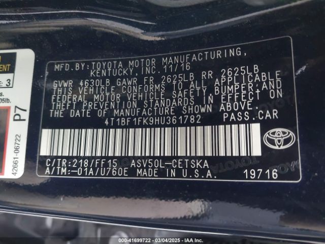 4T1BF1FK9HU361782 Toyota CAMRY SE