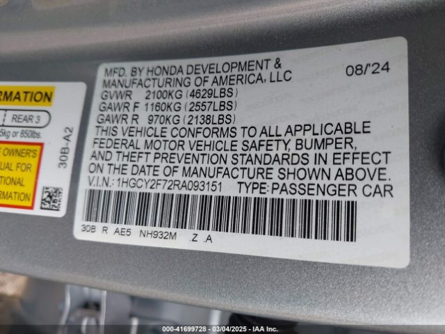 1HGCY2F72RA093151 Honda Accord Hybrid Sport-l