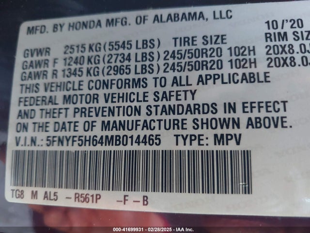5FNYF5H64MB014465 Honda Pilot 2wd Touring 7 Passenger