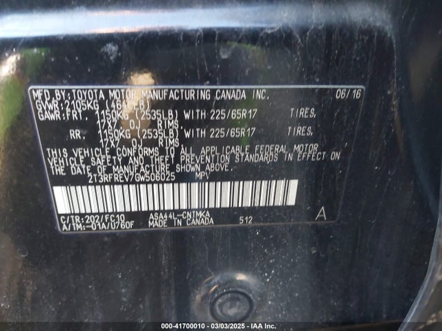 2T3RFREV7GW506025 Toyota Rav4 Xle