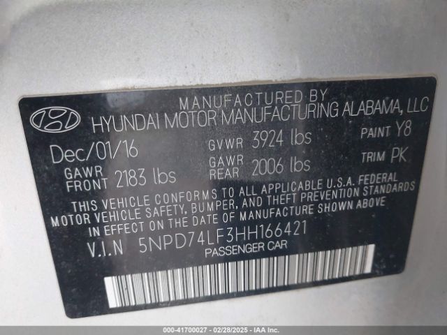 5NPD74LF3HH166421 Hyundai ELANTRA SE