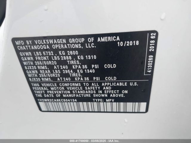 1V2WR2CA8KC504134 Volkswagen Atlas 3.6l V6 Se W/technology