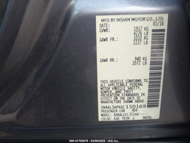 1N4AL3APXGC150169 Nissan Altima 2.5/2.5 S/2.5 Sl/2.5 Sr/2.5 Sv