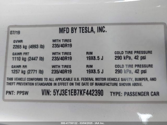 5YJ3E1EB7KF442390 Tesla Model 3 Long Range/performance