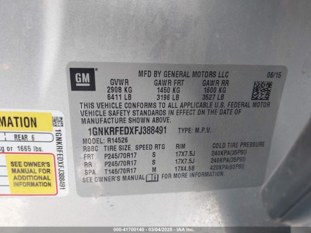 1GNKRFEDXFJ388491 Chevrolet Traverse Ls