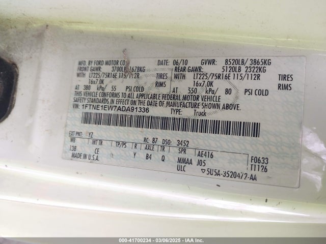41700234 :رقم المزاد ، 1FTNE1EW7ADA91336 vin ، 2010 Ford E-150 Commercial/recreational مزاد بيع