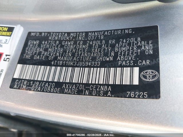 4T1B11HK3JU594333 Toyota CAMRY LE