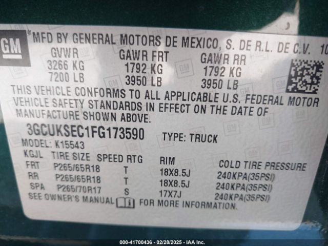 3GCUKSEC1FG173590 Chevrolet Silverado 1500 1lz