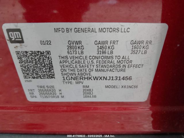 1GNERHKWXNJ131456 Chevrolet Traverse Fwd Lt Leather