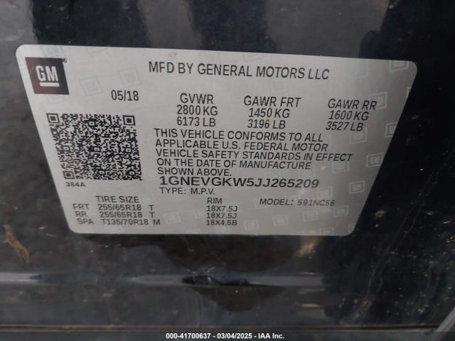 1GNEVGKW5JJ265209 Chevrolet Traverse 1lt