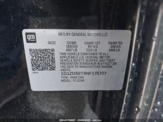 1G1ZD5ST8NF175707 Chevrolet Malibu Fwd Lt