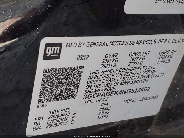 3GCPABEK4NG512462 Chevrolet Silverado 1500 2wd  Short Bed Custom