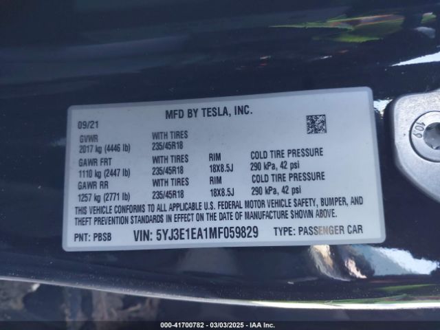 5YJ3E1EA1MF059829 Tesla Model 3 Standard Range Plus Rear-wheel Drive