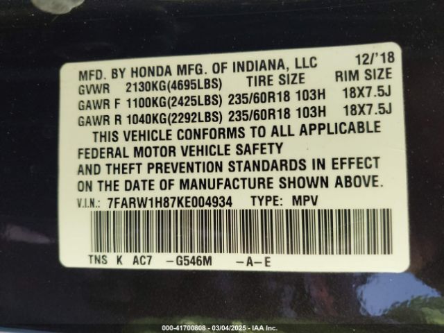 7FARW1H87KE004934 Honda Cr-v Ex-l