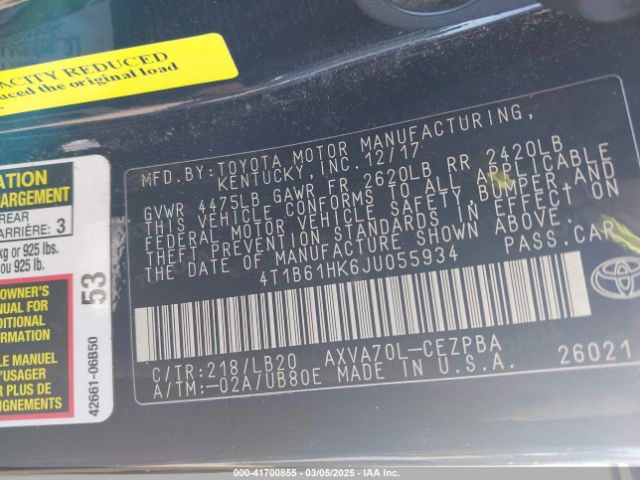 4T1B61HK6JU055934 Toyota CAMRY XSE