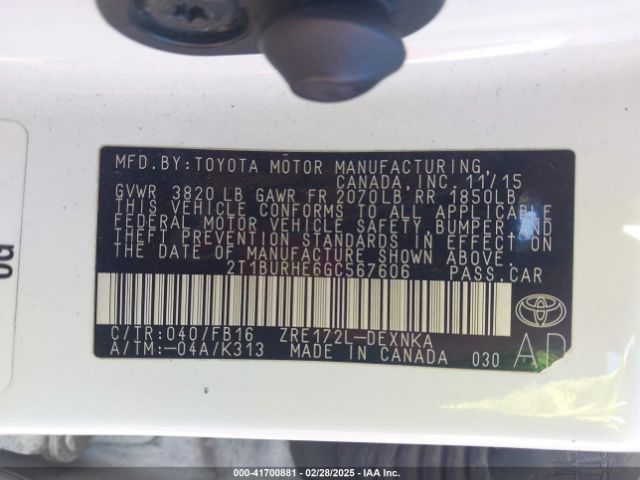 2T1BURHE6GC567606 Toyota COROLLA LE
