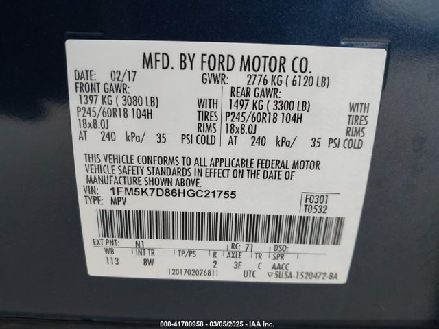 1FM5K7D86HGC21755 Ford EXPLORER XLT