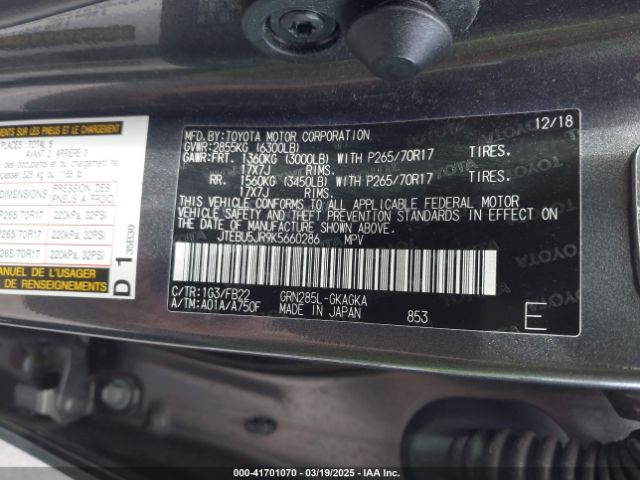 JTEBU5JR9K5660286 Toyota 4runner Limited/limited Nightshade/sr5/sr5 Premium/trd Off Road/trd Off Road Premium/trd Pro