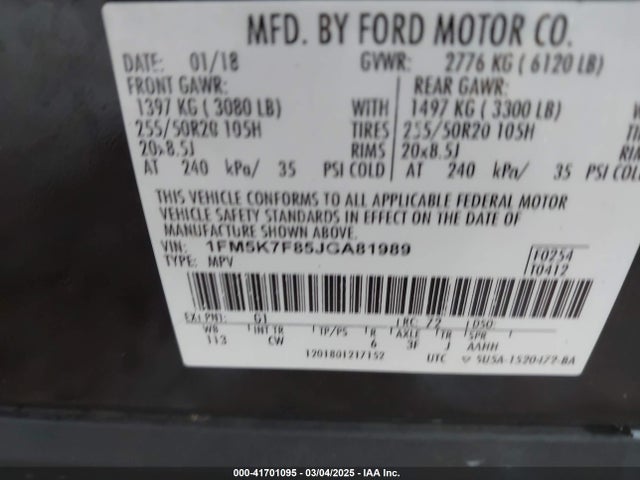 1FM5K7F85JGA81989 Ford Explorer Limited