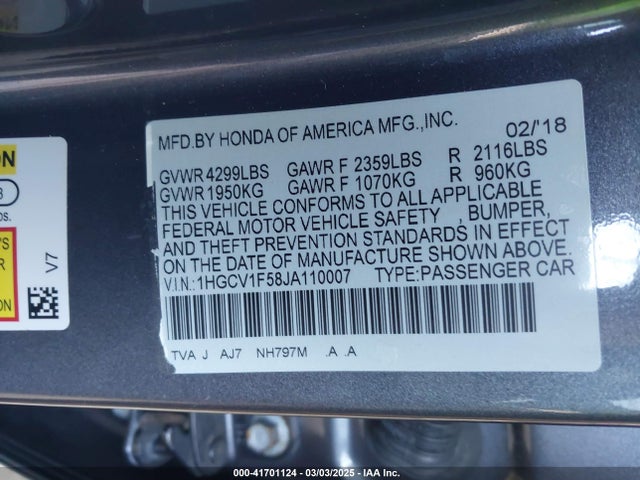 1HGCV1F58JA110007 Honda ACCORD SEDAN
