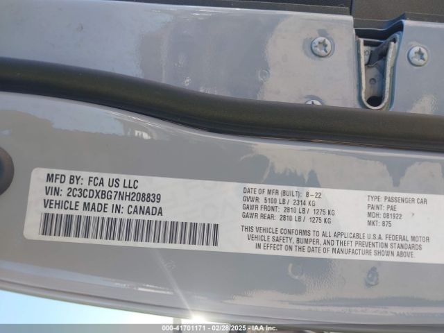 2C3CDXBG7NH208839 Dodge Charger Sxt Rwd