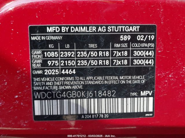 WDCTG4GB0KJ618482 Mercedes-Benz Gla 250 4matic
