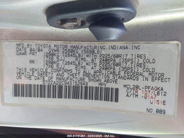 2004 Toyota Sienna Xle მანქანა იყიდება აუქციონზე, vin: 5TDZA22C94S152949, აუქციონის ნომერი: 41701261