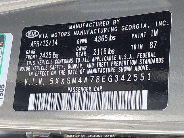 5XXGM4A78EG342551 KIA Optima Lx