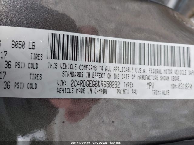 2C4RDGEG6KR658232 Dodge Grand Caravan Gt