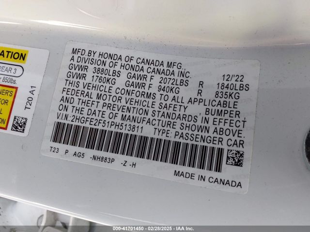 2023 HONDA CIVIC 2HGFE2F51PH513811 Photo 8