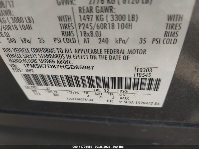 1FM5K7D87HGD85967 Ford EXPLORER XLT
