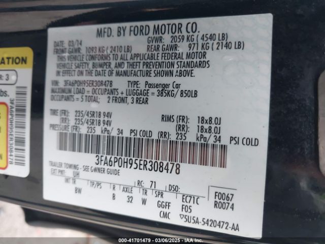 3FA6P0H95ER308478 Ford FUSION SE