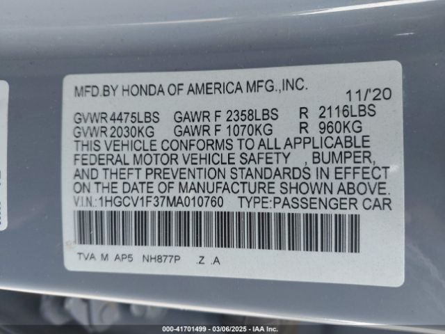 1HGCV1F37MA010760 Honda Accord Sport