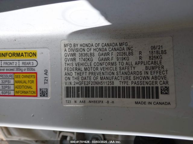 2HGFE2F20NH511258 Honda Civic Lx