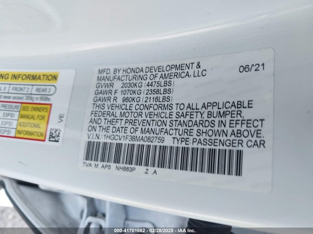 1HGCV1F38MA082759 Honda Accord Sport