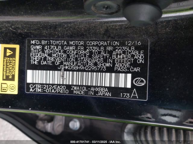 JTHKD5BH9H2295773 Lexus CT 200H