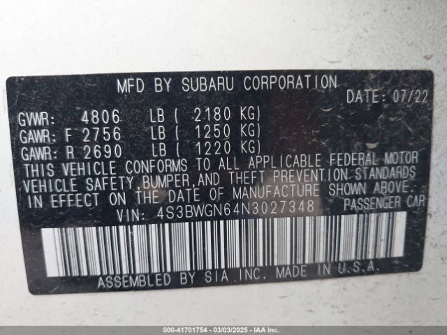 4S3BWGN64N3027348 Subaru Legacy Limited Xt