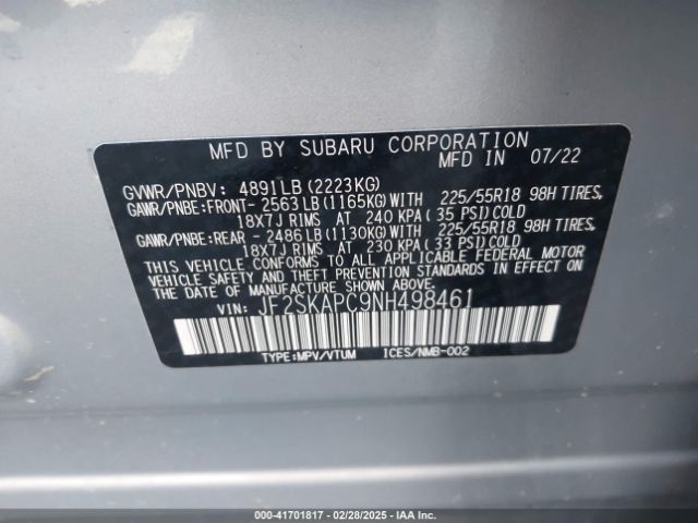 JF2SKAPC9NH498461 Subaru Forester Limited