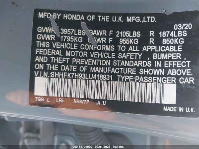 SHHFK7H93LU418931 Honda Civic Sport Touring
