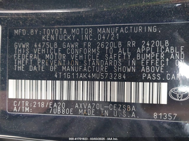 4T1G11AK4MU573284 Toyota CAMRY SE