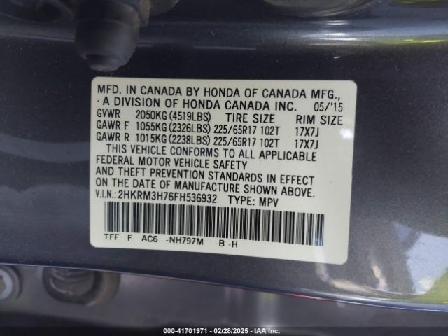 2HKRM3H76FH536932 Honda Cr-v Ex-l