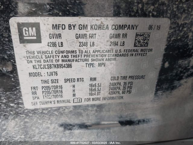 KL7CJLSB7KB954386 Chevrolet Trax Lt