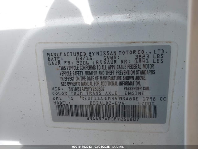 3N1AB7AP5FY250807 Nissan Sentra Fe+ S/s/sl/sr/sv